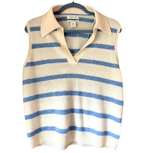 NWT Rachel Zoe Two-Ply Cashmere Sweater Vest Blue Cream Stripe - Picture 1 of 3
